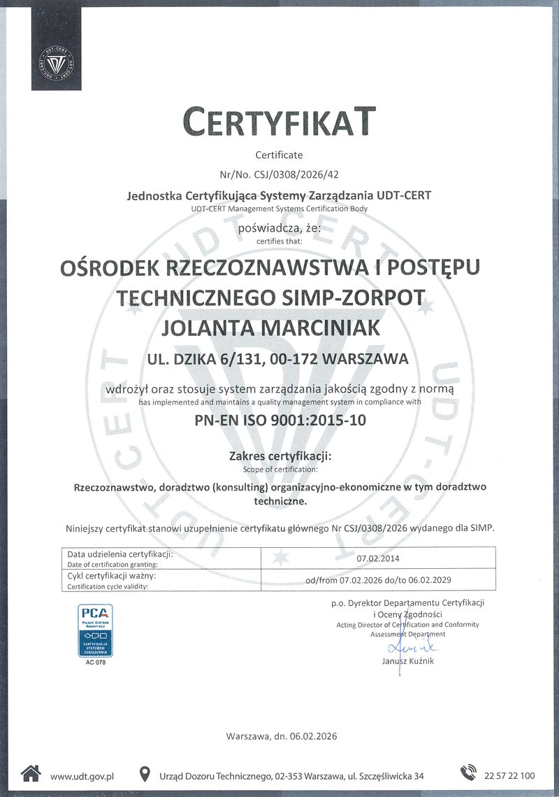 Skan certyfikatu ISO 9001 nr CSJ/0308/2026/42 wydanego przez UDT-CERT dla SIMP-ZORPOT Jolanta Marciniak, ważnego od 7 lutego 2026 do 6 lutego 2029