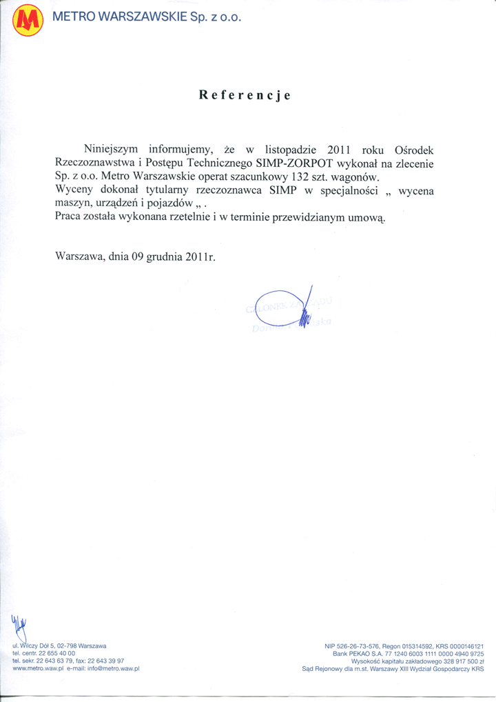 List referencyjny — Metro Warszawskie